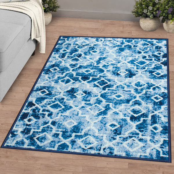 Ethnic Grunge Pattern Blue & White Rustico Rug/Carpet