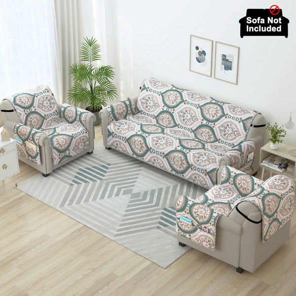 Sofa Throw Cover Combo – 2 Pcs 1 Seater and 1 Pc 3 Seater Ivory & Ocean Green Motif & Paisley Pattern with Pocket by Story@Home