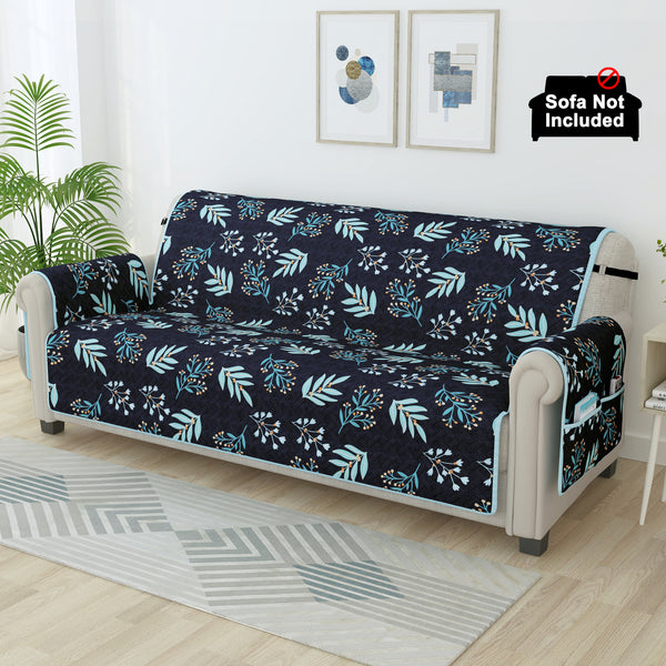 Sofa Throw Cover With Floral & Chevron Pattern In Navy Blue & Sky Blue  For 1 | 2 | 3 | 4 Seater From Story@Home