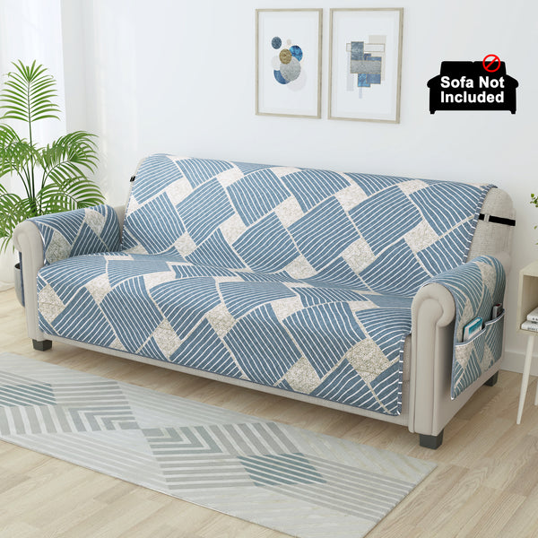 Sofa Throw Cover With Geometric & Stripes Pattern In Greyish Blue For 1 | 2 | 3 | 4 Seater From Story@Home