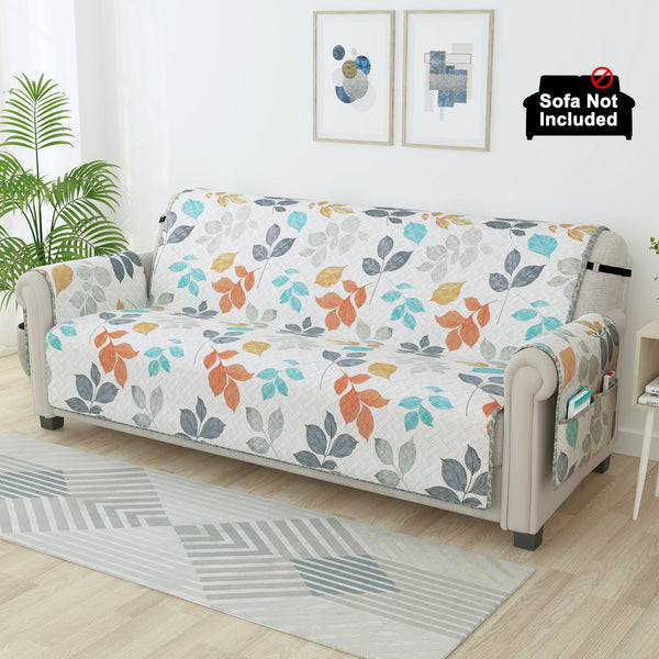 Sofa Throw Cover With Leaf Pattern In White & Grey For 1 | 2 | 3 | 4 Seater From Story@Home