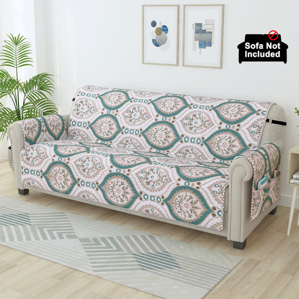 Sofa Throw Cover With Motif & Paisley Pattern In Ivory & Ocean Green For 1 | 2 | 3 | 4 Seater From Story@Home