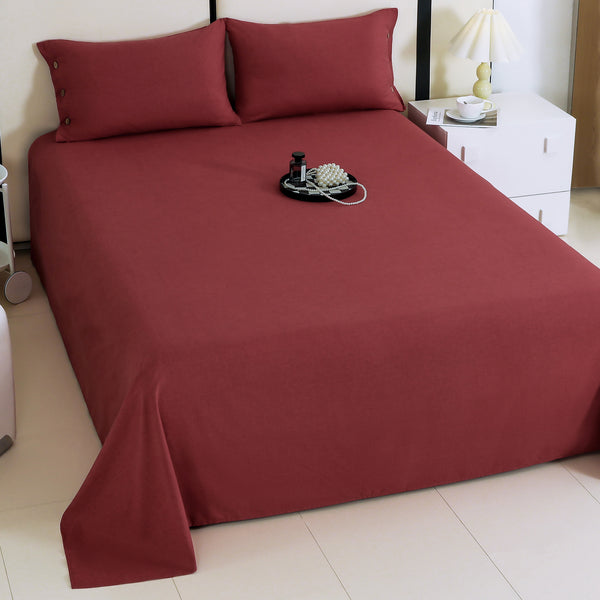 Story@Home 240 TC Red Buttonique Cotton Linen King Size Solid Flat Bedsheet with 2 Pillow Covers