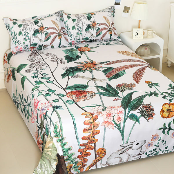 Story@home 300 TC Talespun Microfiber White & Green King Size Floral Bedsheet with 2 Pillow Covers