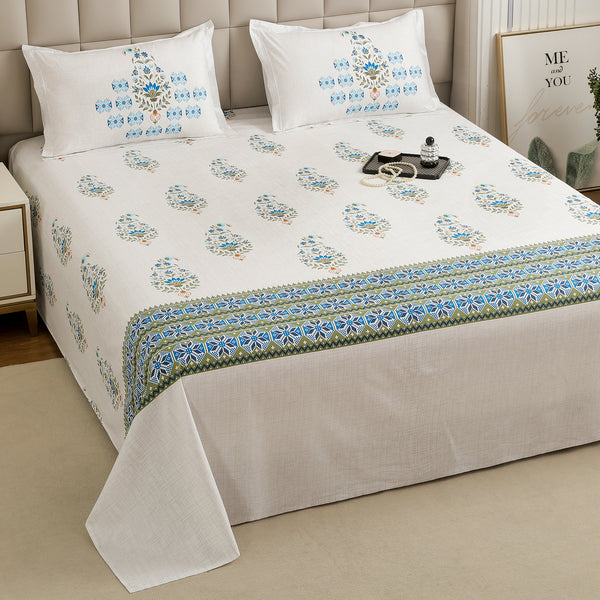 Story@Home 260 TC 100% Cotton White & Blue King size Bedsheet