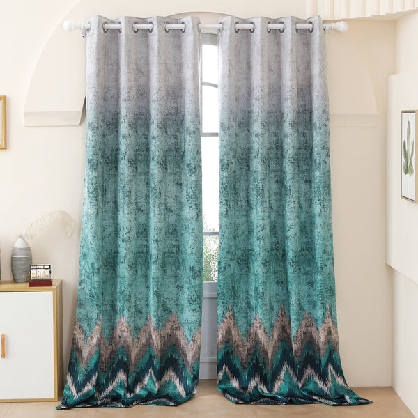 2 Pcs Mint Green and Light Grey Abstract  Digital Faux Silk Medium room Darkening Window | Door | Long Door Curtains