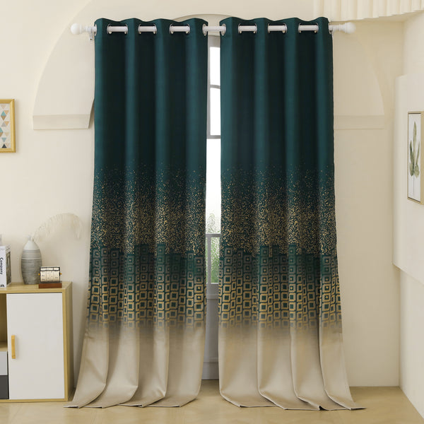 2 Pcs Green and Beige Abstract Digital Faux Silk Medium room Darkening Window | Door | Long Door Curtains