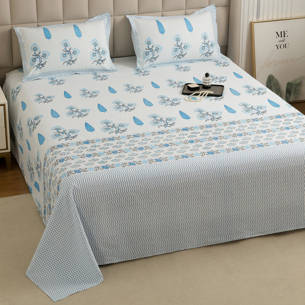 Story@Home 260 TC 100% Cotton White & Light Blue King size Bedsheet