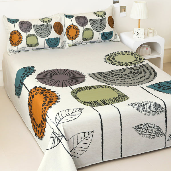 Story@home 300 TC Talespun Microfiber Ivory King Size Abstract Bedsheet with 2 Pillow Covers