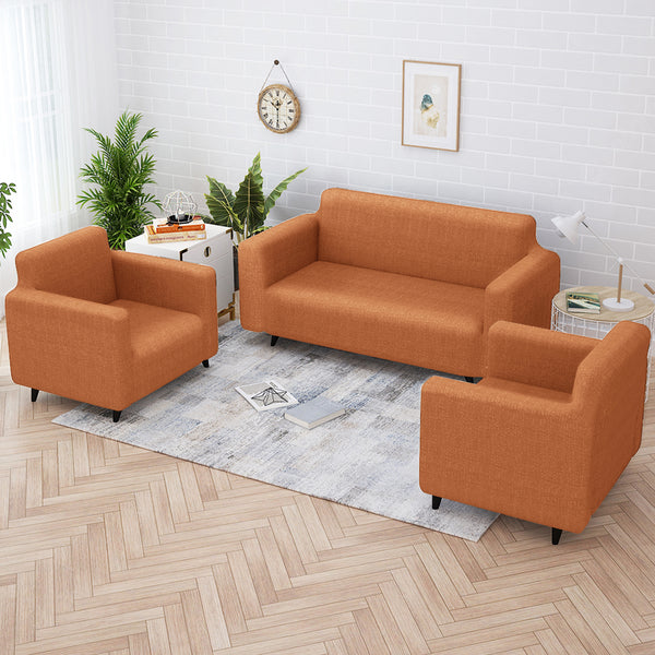 Sofa Cover Combo – 2 Pcs 1 Seater and 1 Pc 3 Seater Elastic Stretchable in Orange Criss Cross Pattern by Story@Home