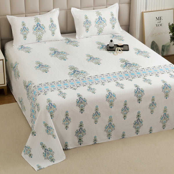 Story@Home 260 TC 100% Cotton White & Cyan Blue King size Bedsheet
