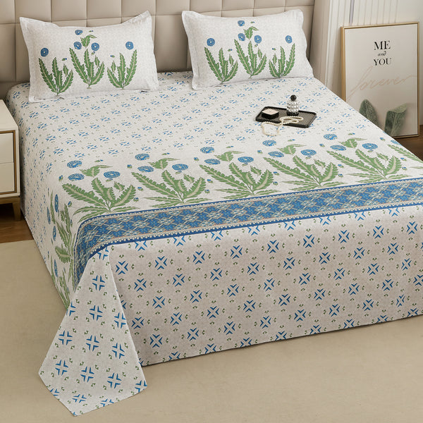 Story@Home 260 TC 100% Cotton White & Sky Blue King size Bedsheet