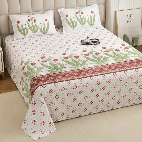 Story@Home 260 TC 100% Cotton White & Brick Red King size Bedsheet