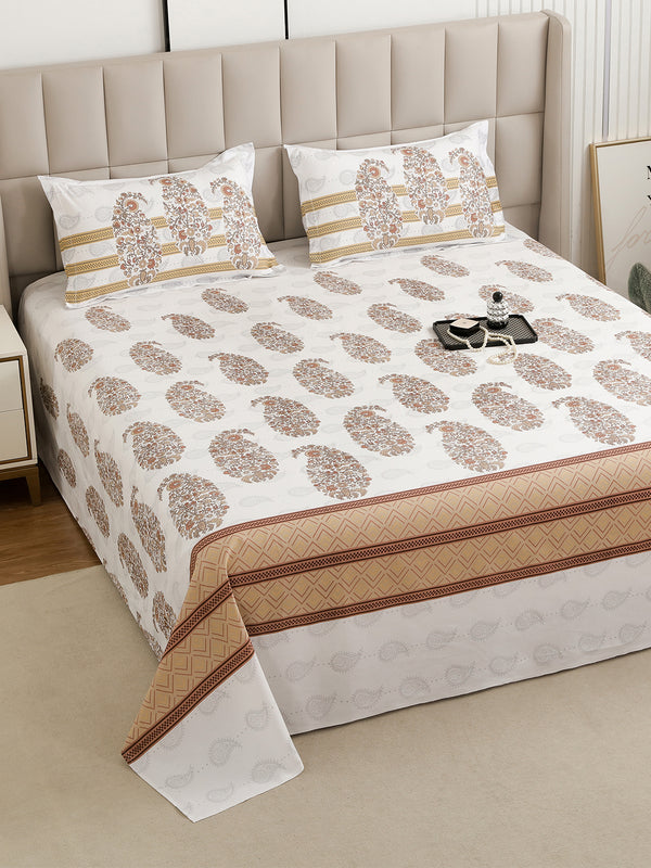 Story@Home 260 TC 100% Cotton White & Brown King size Bedsheet